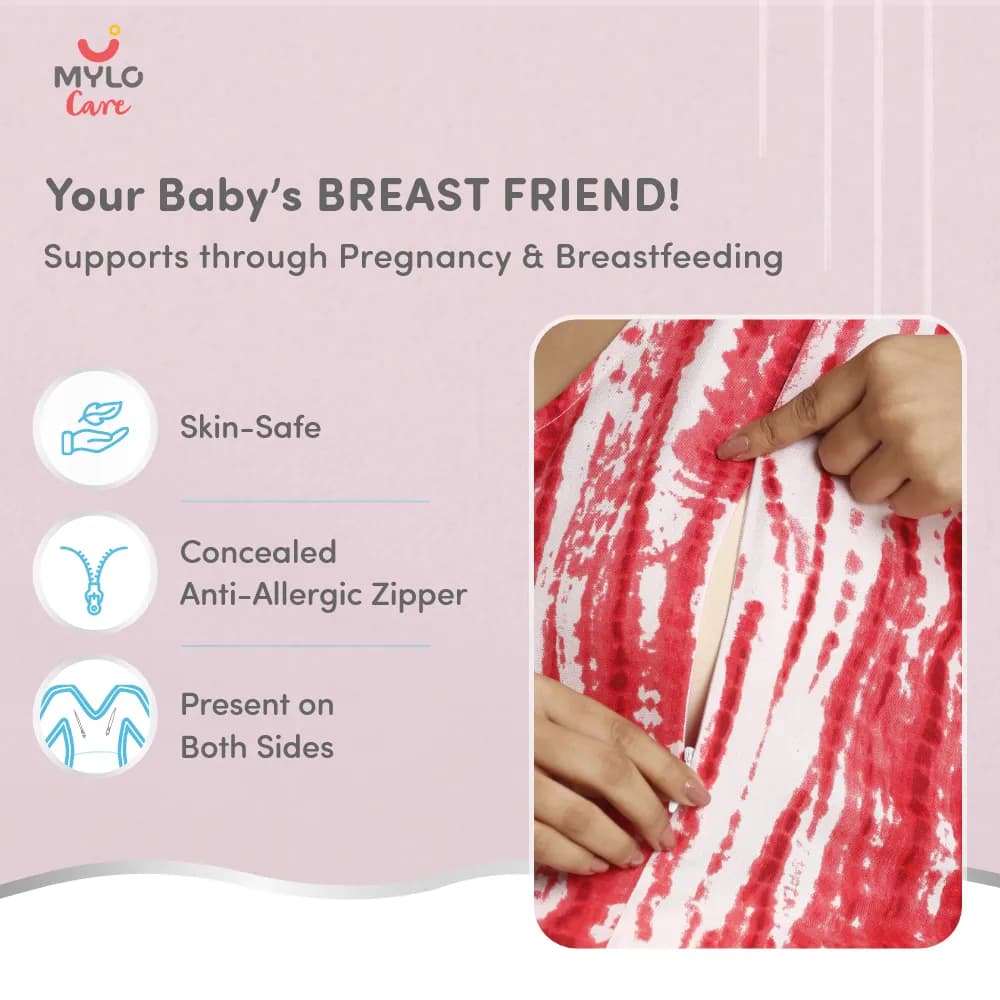 Maternity Dresses For Women with Both Side Zipper For Easy Feeding | Adjustable Belt for Growing Belly | Kaftan Dress | Shibori Print - Fuchsia | M