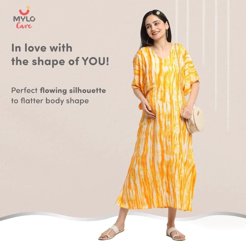 Maternity Dresses For Women with Both Side Zipper For Easy Feeding | Adjustable Belt for Growing Belly | Kaftan Dress | Shibori Print - Orange | L