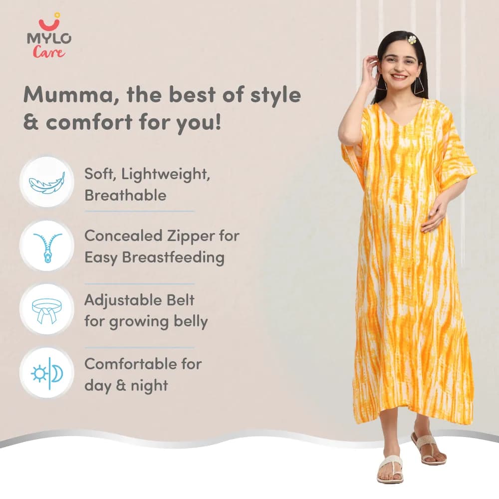 Maternity Dresses For Women with Both Side Zipper For Easy Feeding | Adjustable Belt for Growing Belly | Kaftan Dress | Shibori Print - Orange | L