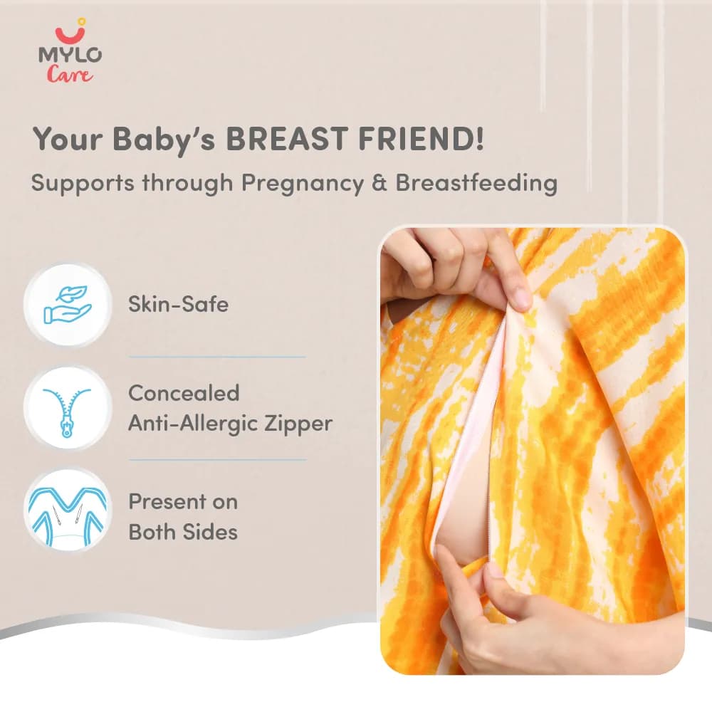 Maternity Dresses For Women with Both Side Zipper For Easy Feeding | Adjustable Belt for Growing Belly | Kaftan Dress | Shibori Print - Orange | L