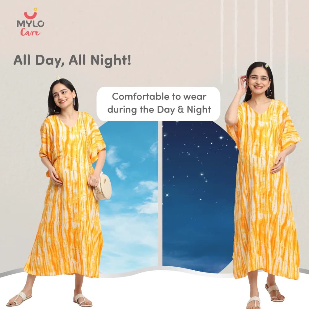 Maternity Dresses For Women with Both Side Zipper For Easy Feeding | Adjustable Belt for Growing Belly | Kaftan Dress | Shibori Print - Orange | L