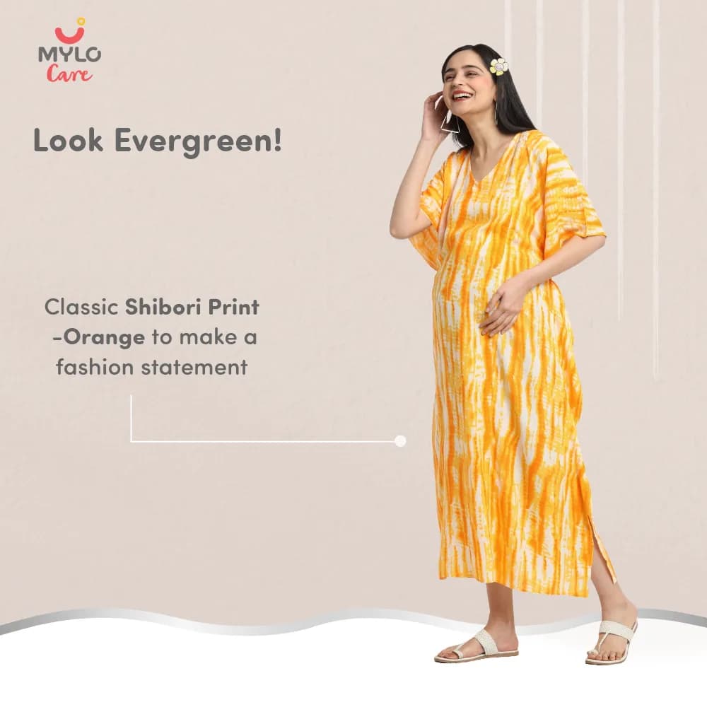 Maternity Dresses For Women with Both Side Zipper For Easy Feeding | Adjustable Belt for Growing Belly | Kaftan Dress | Shibori Print - Orange | L