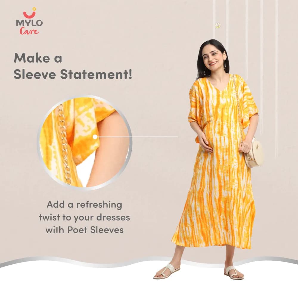Maternity Dresses For Women with Both Side Zipper For Easy Feeding | Adjustable Belt for Growing Belly | Kaftan Dress | Shibori Print - Orange | L