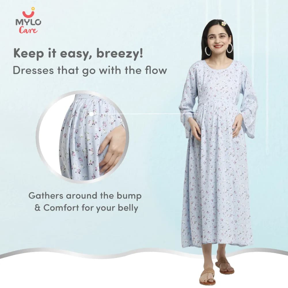 Maternity Dresses For Women with Both Side Zipper For Easy Feeding | Adjustable Belt for Growing Belly | Maxi Dress | Ditsy Daisy - Blue | L