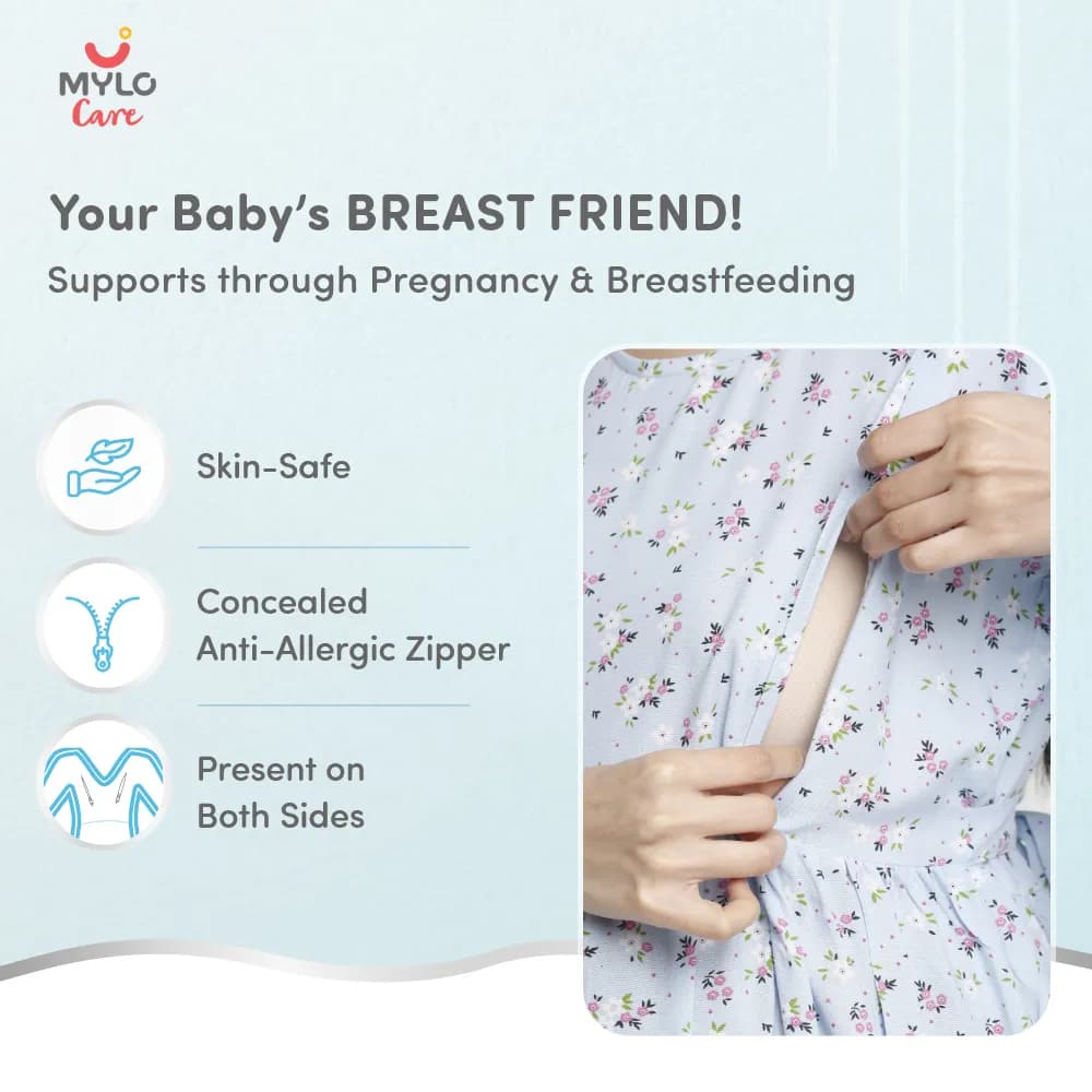 Maternity Dresses For Women with Both Side Zipper For Easy Feeding | Adjustable Belt for Growing Belly | Maxi Dress | Ditsy Daisy - Blue | XL