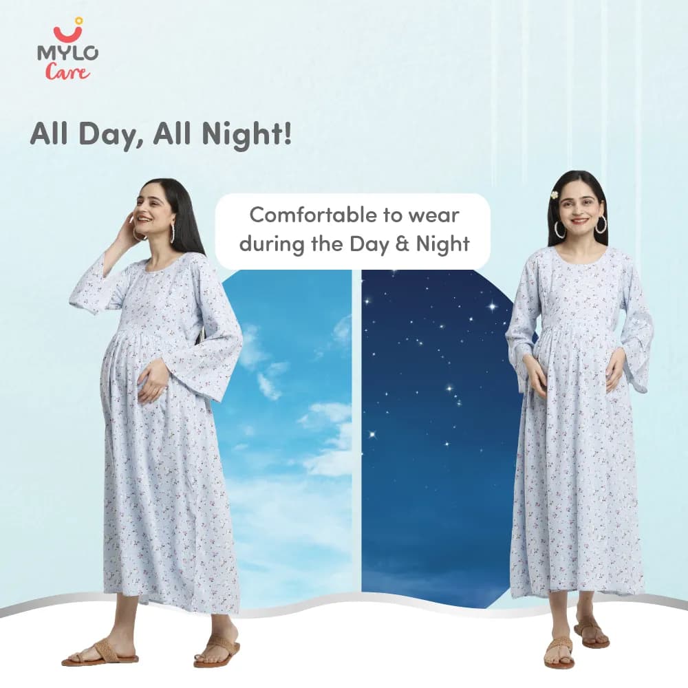 Maternity Dresses For Women with Both Side Zipper For Easy Feeding | Adjustable Belt for Growing Belly | Maxi Dress | Ditsy Daisy - Blue | XL