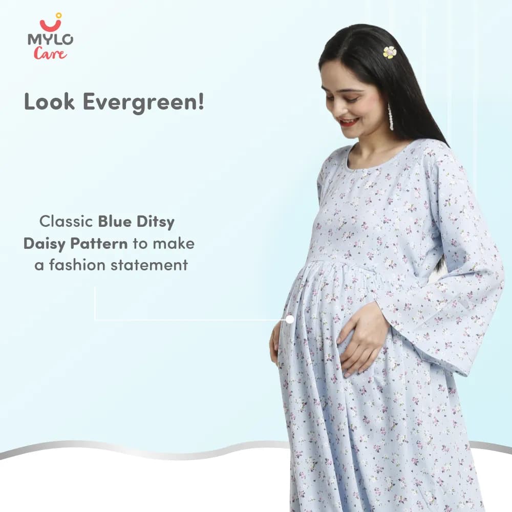 Maternity Dresses For Women with Both Side Zipper For Easy Feeding | Adjustable Belt for Growing Belly | Maxi Dress | Ditsy Daisy - Blue | XL