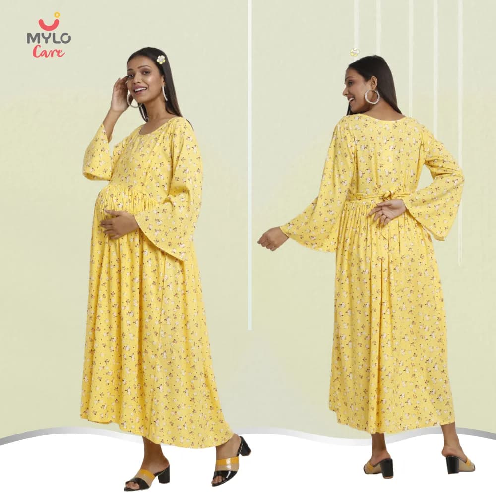 Maternity Dresses For Women with Both Side Zipper For Easy Feeding | Adjustable Belt for Growing Belly | Maxi Dress | Ditsy Daisy - Mustard | L