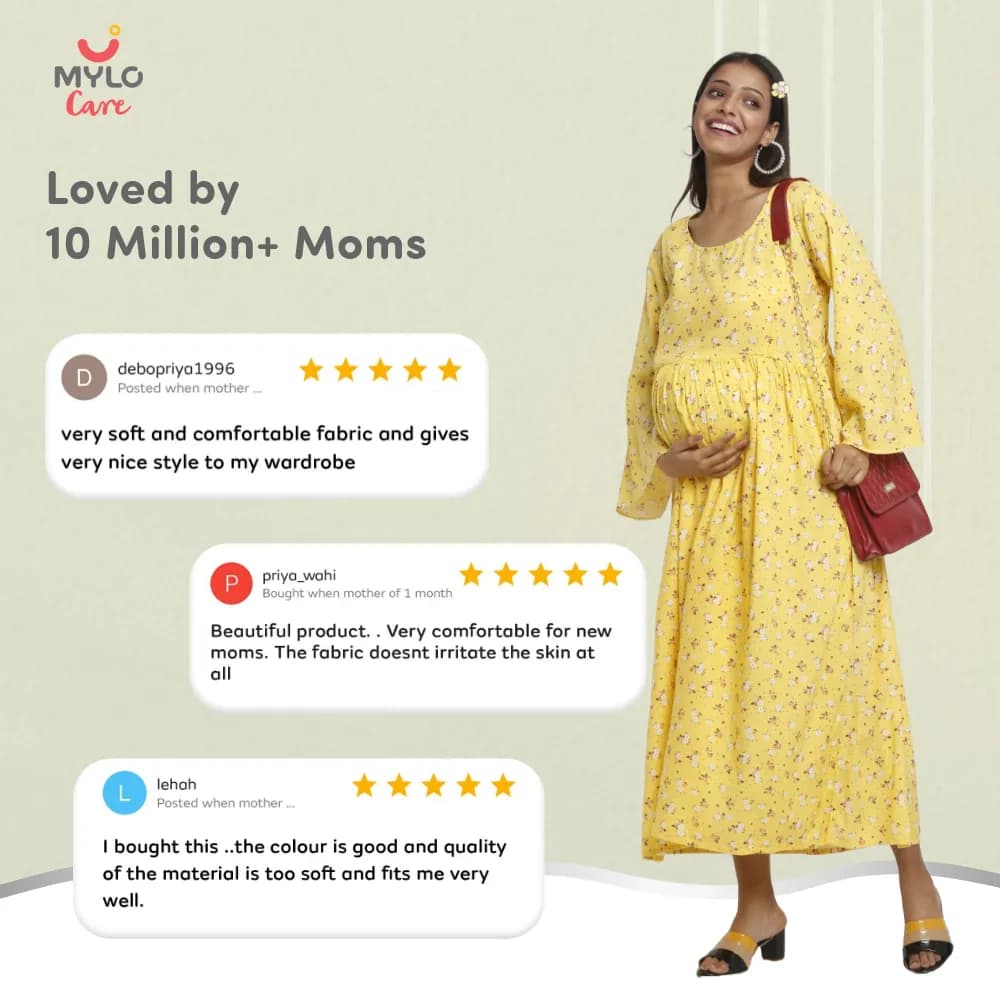 Maternity Dresses For Women with Both Side Zipper For Easy Feeding | Adjustable Belt for Growing Belly | Maxi Dress | Ditsy Daisy - Mustard | L