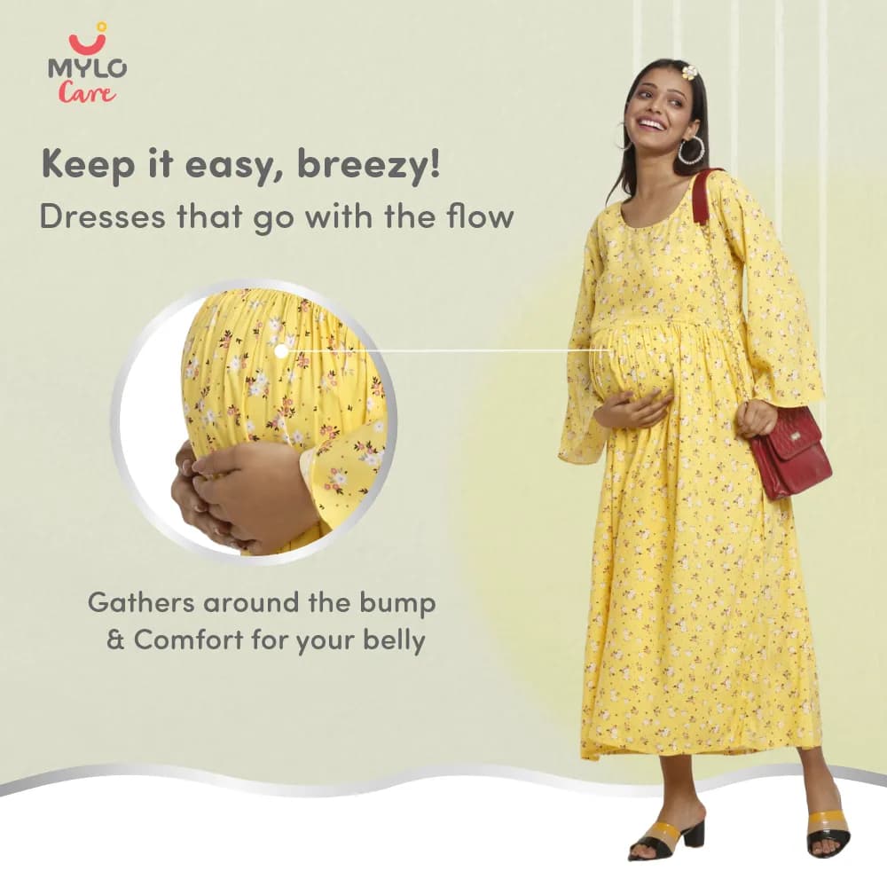 Maternity Dresses For Women with Both Side Zipper For Easy Feeding | Adjustable Belt for Growing Belly | Maxi Dress | Ditsy Daisy - Mustard | L