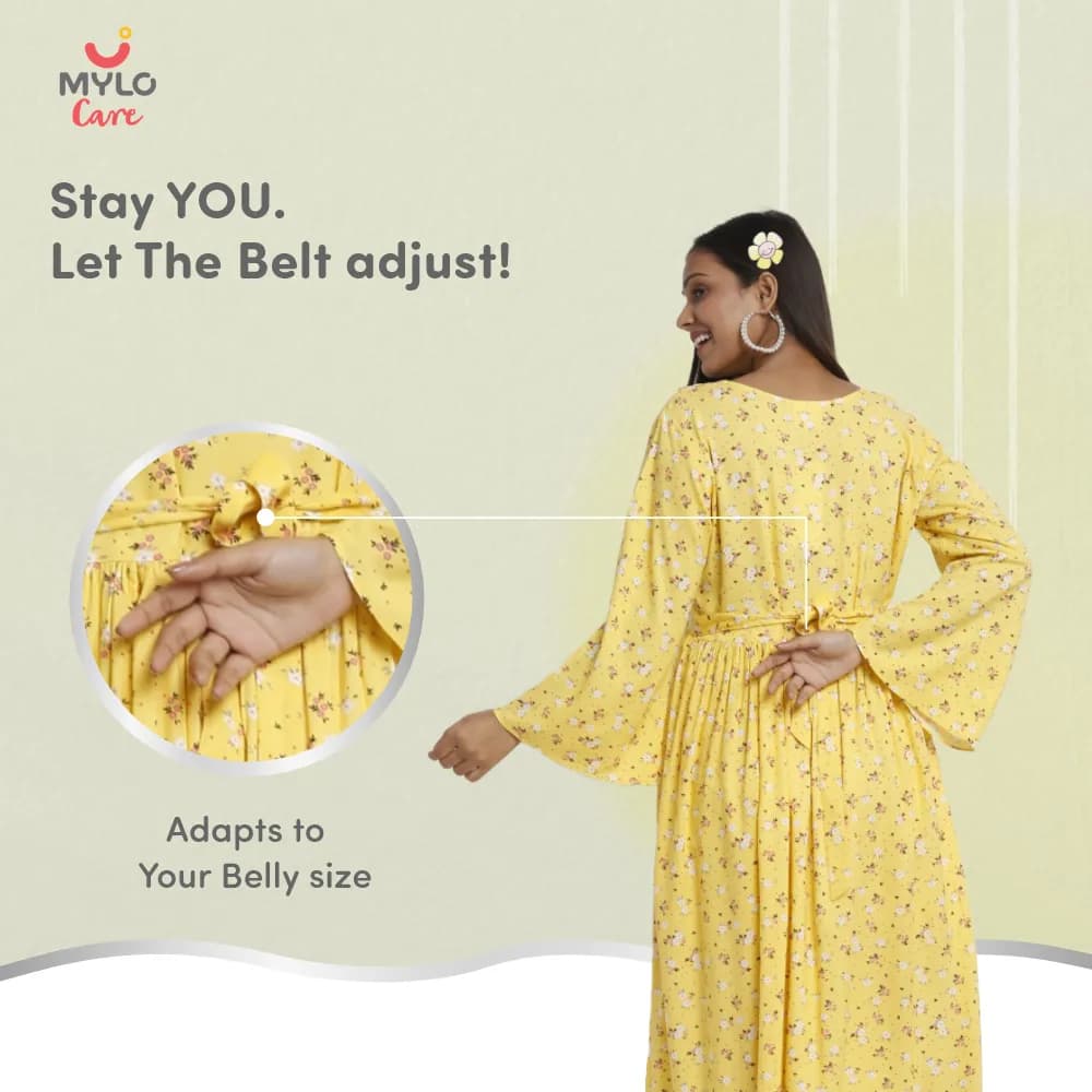 Maternity Dresses For Women with Both Side Zipper For Easy Feeding | Adjustable Belt for Growing Belly | Maxi Dress | Ditsy Daisy - Mustard | L