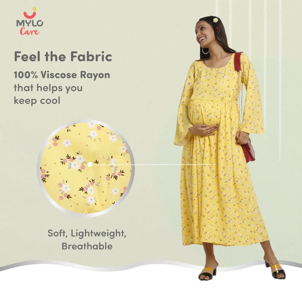 Maternity Dresses For Women with Both Side Zipper For Easy Feeding | Adjustable Belt for Growing Belly | Maxi Dress | Ditsy Daisy - Mustard | L