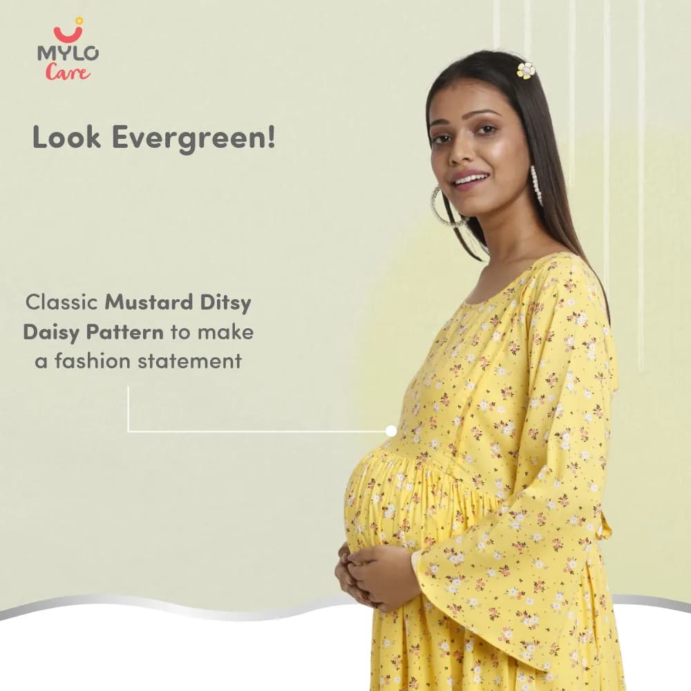 Maternity Dresses For Women with Both Side Zipper For Easy Feeding | Adjustable Belt for Growing Belly | Maxi Dress | Ditsy Daisy - Mustard | L