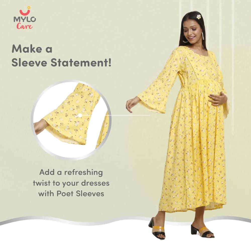 Maternity Dresses For Women with Both Side Zipper For Easy Feeding | Adjustable Belt for Growing Belly | Maxi Dress | Ditsy Daisy - Mustard | L