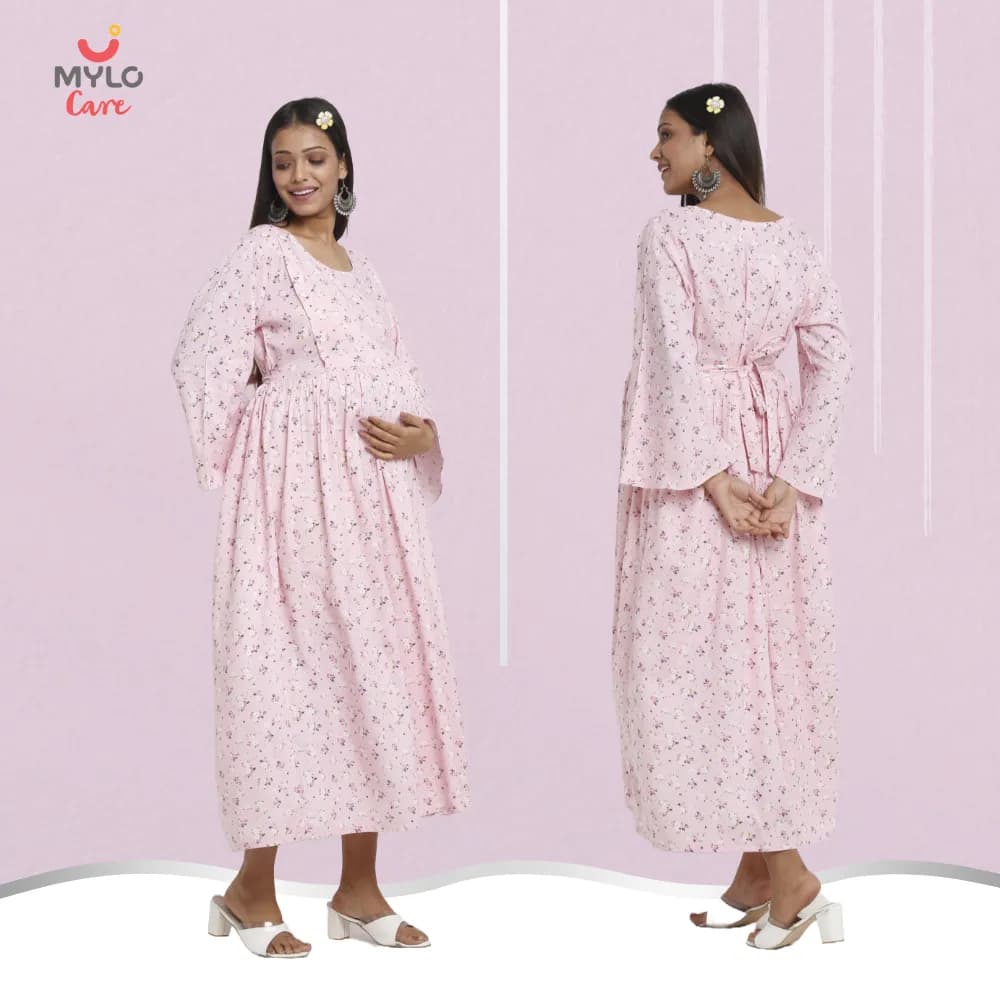 Maternity Dresses For Women with Both Side Zipper For Easy Feeding | Adjustable Belt for Growing Belly | Maxi Dress | Ditsy Daisy - Pink | L