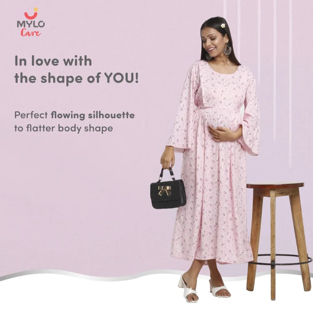 Maternity Dresses For Women with Both Side Zipper For Easy Feeding | Adjustable Belt for Growing Belly | Maxi Dress | Ditsy Daisy - Pink | L