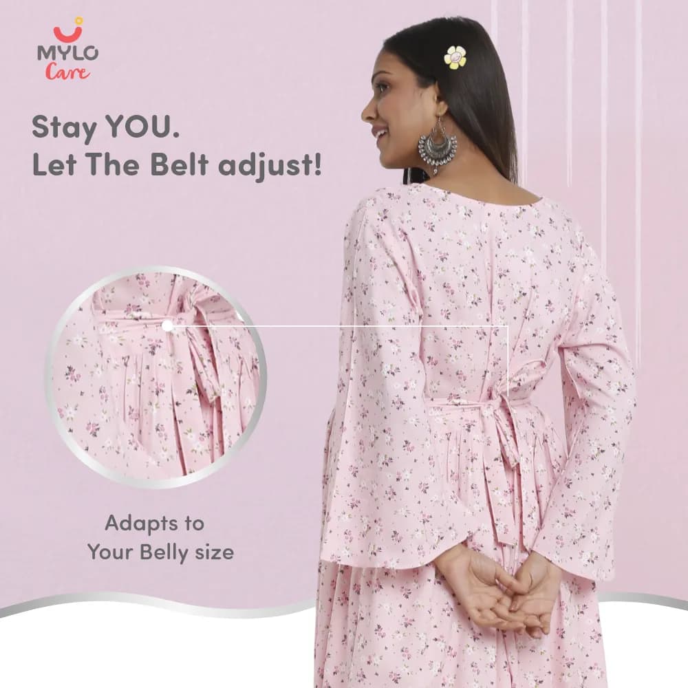 Maternity Dresses For Women with Both Side Zipper For Easy Feeding | Adjustable Belt for Growing Belly | Maxi Dress | Ditsy Daisy - Pink | L
