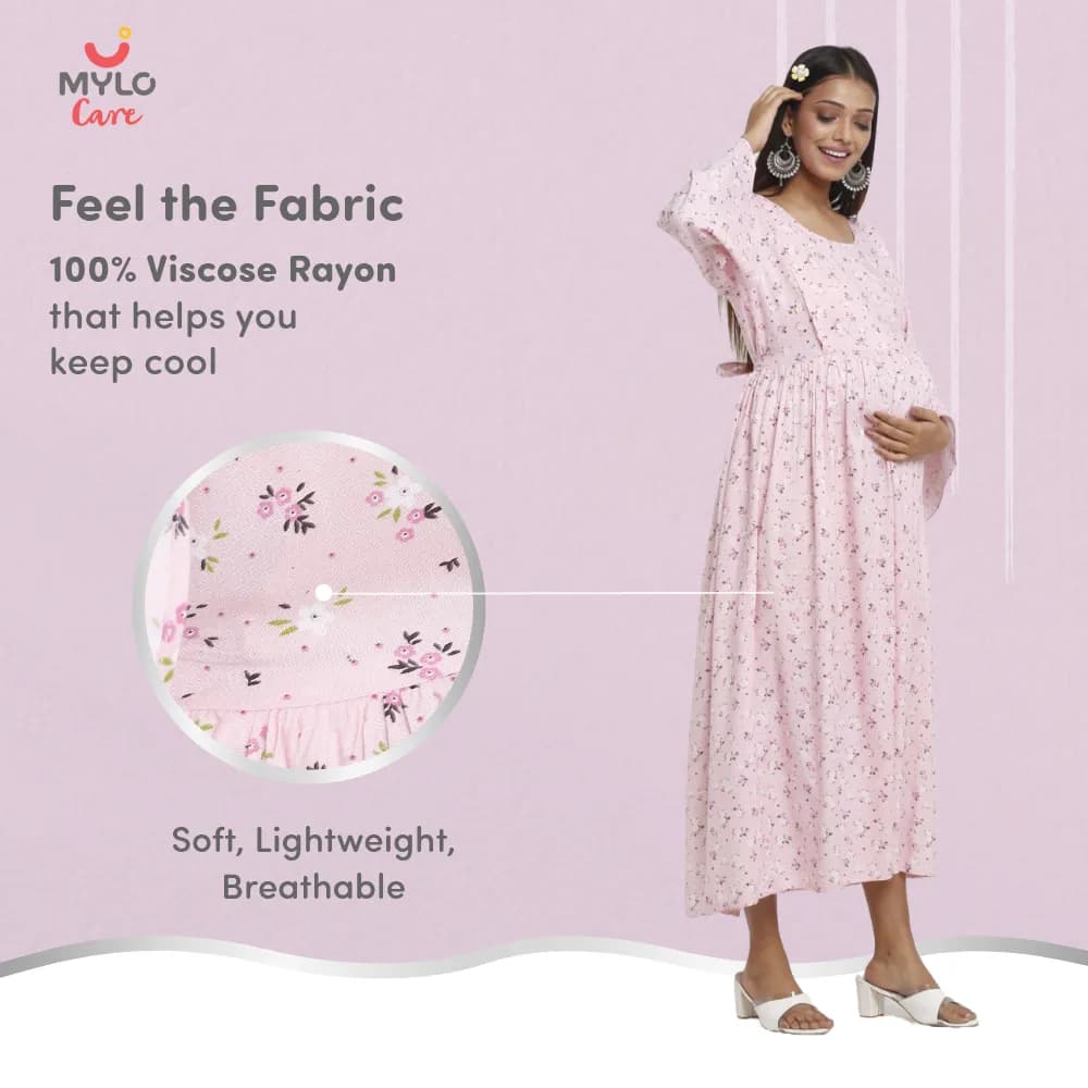 Maternity Dresses For Women with Both Side Zipper For Easy Feeding | Adjustable Belt for Growing Belly | Maxi Dress | Ditsy Daisy - Pink | L