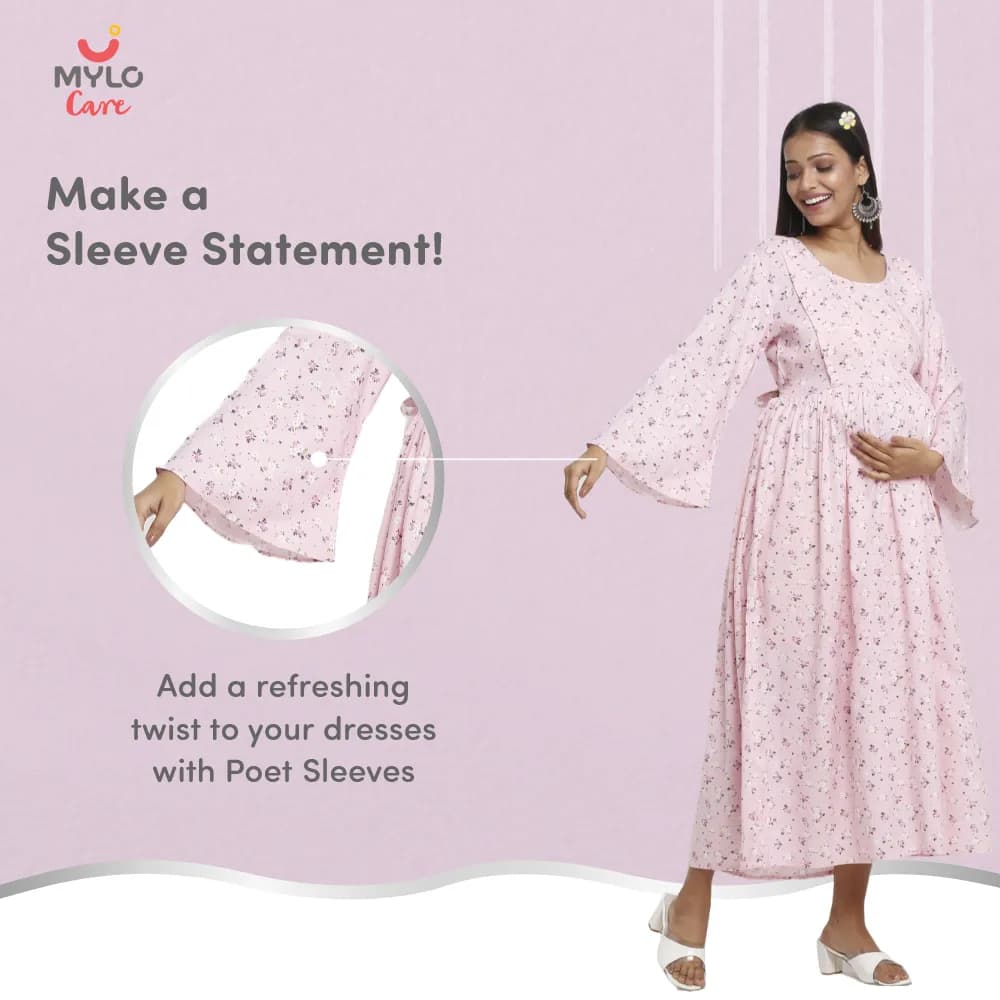 Maternity Dresses For Women with Both Side Zipper For Easy Feeding | Adjustable Belt for Growing Belly | Maxi Dress | Ditsy Daisy - Pink | L