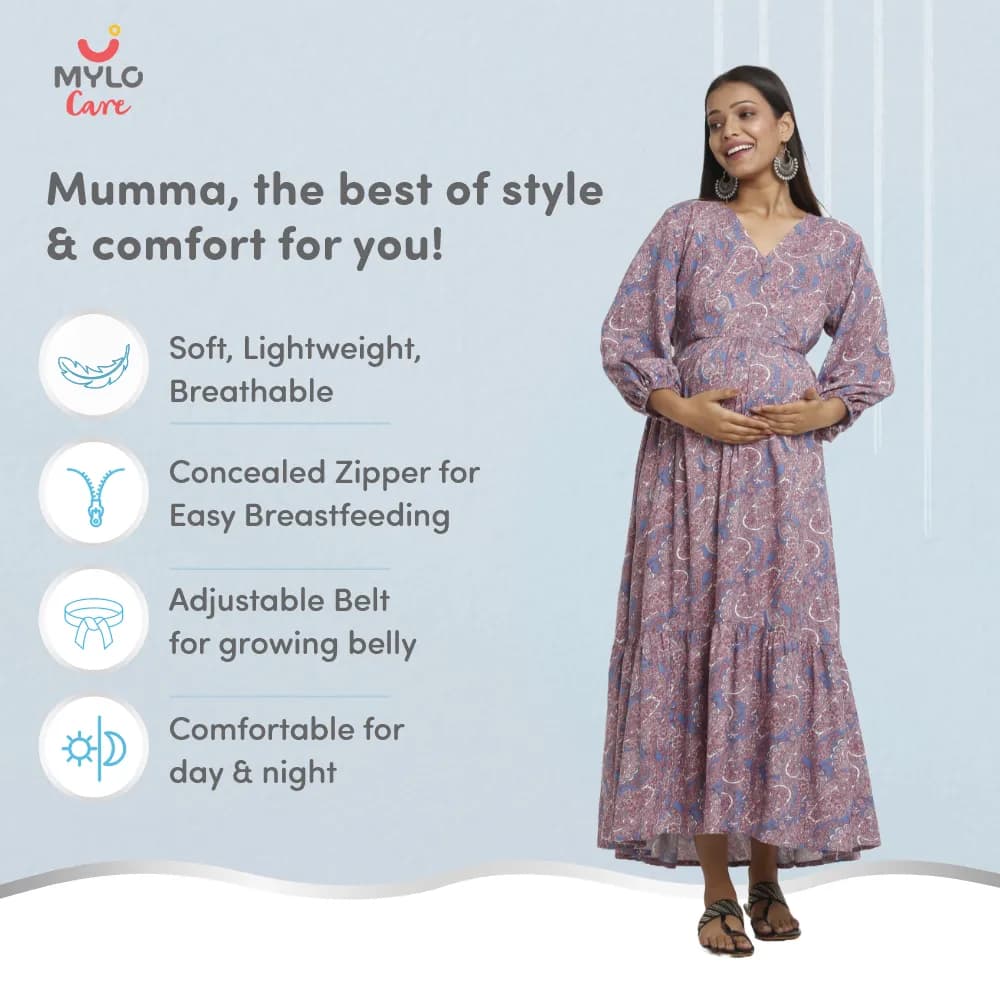 Maternity Dresses For Women with Both Side Zipper For Easy Feeding | Adjustable Belt for Growing Belly | Maxi Dress | Persian Paisley - Blue | M