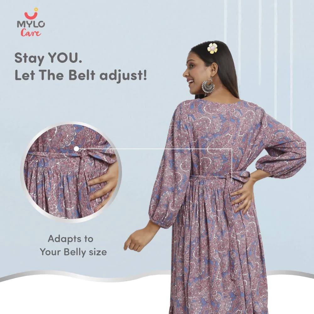 Maternity Dresses For Women with Both Side Zipper For Easy Feeding | Adjustable Belt for Growing Belly | Maxi Dress | Persian Paisley - Blue | M