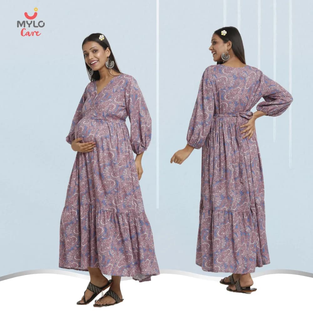 Maternity Dresses For Women with Both Side Zipper For Easy Feeding | Adjustable Belt for Growing Belly | Maxi Dress | Persian Paisley - Blue | L