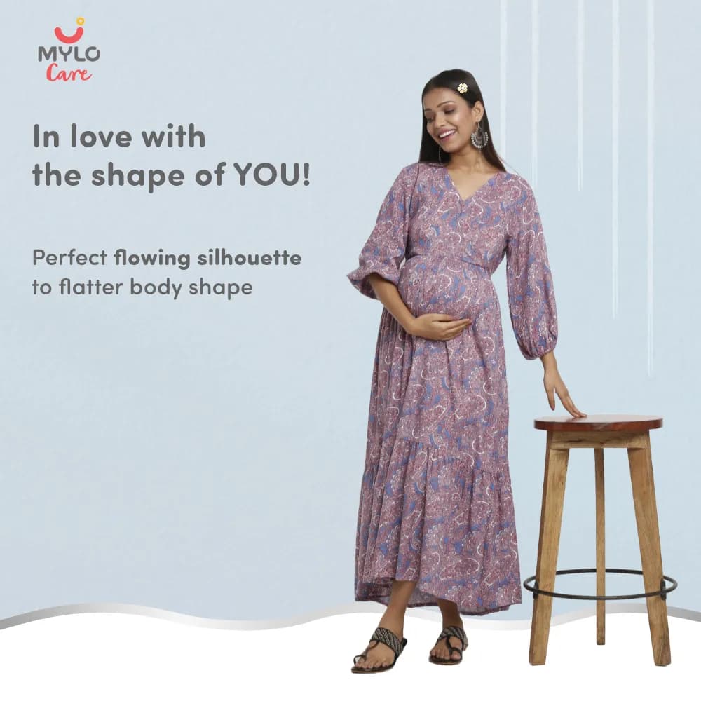 Maternity Dresses For Women with Both Side Zipper For Easy Feeding | Adjustable Belt for Growing Belly | Maxi Dress | Persian Paisley - Blue | L