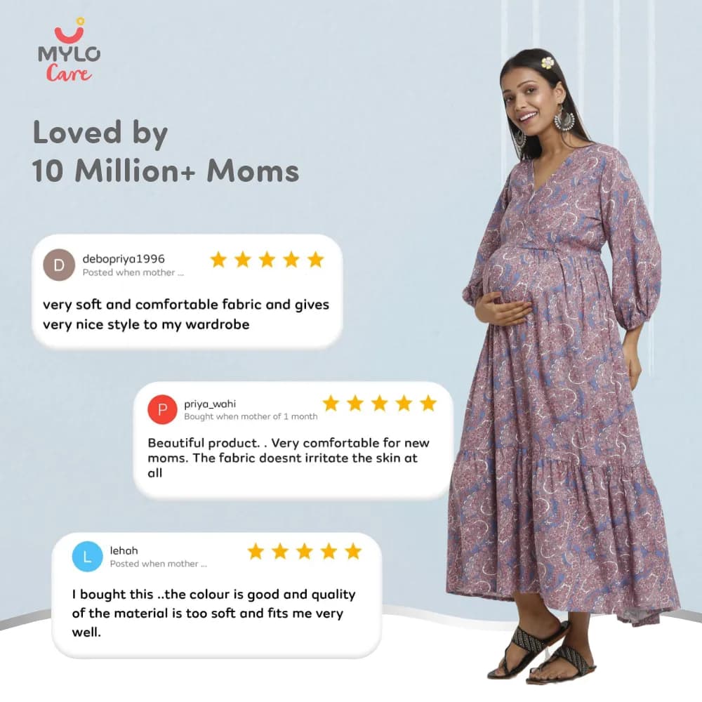 Maternity Dresses For Women with Both Side Zipper For Easy Feeding | Adjustable Belt for Growing Belly | Maxi Dress | Persian Paisley - Blue | L