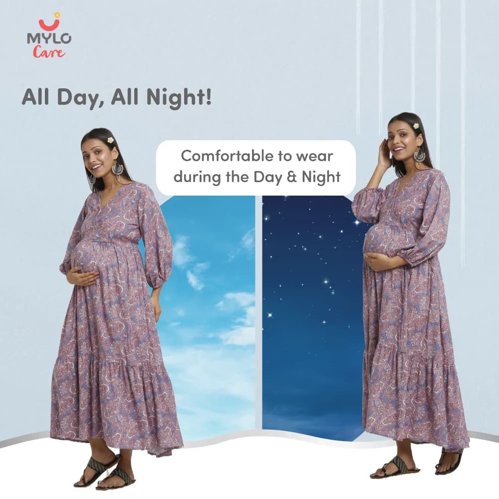 Maternity Dresses For Women with Both Side Zipper For Easy Feeding | Adjustable Belt for Growing Belly | Maxi Dress | Persian Paisley - Blue | L