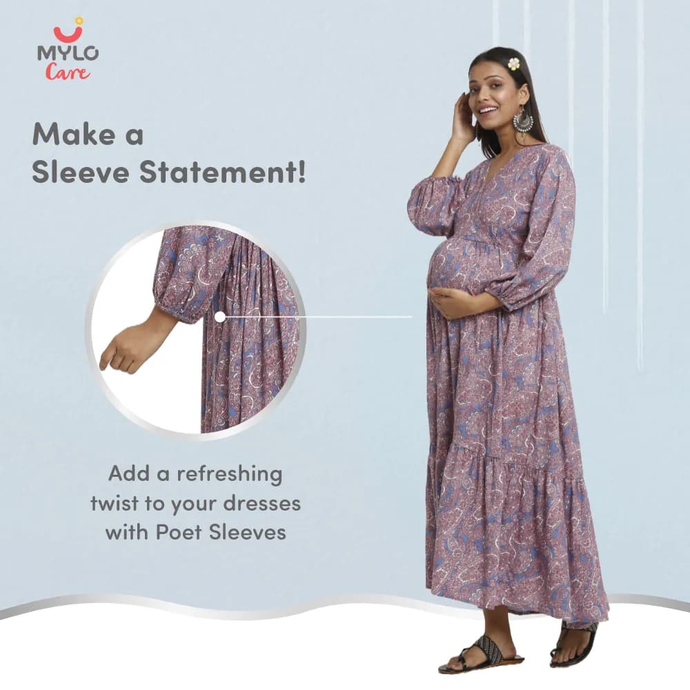Maternity Dresses For Women with Both Side Zipper For Easy Feeding | Adjustable Belt for Growing Belly | Maxi Dress | Persian Paisley - Blue | L