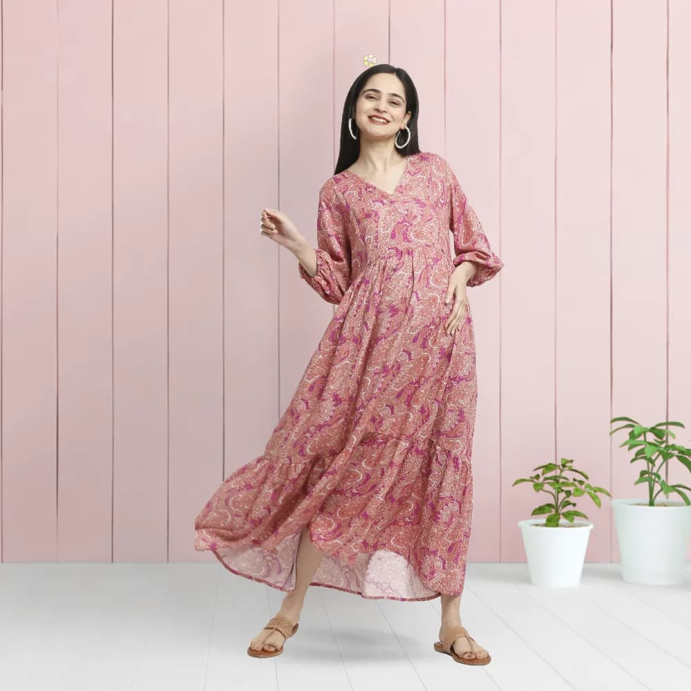 Maternity Dresses For Women with Both Side Zipper For Easy Feeding | Adjustable Belt for Growing Belly | Maxi Dress | Persian Paisley - Pink | M