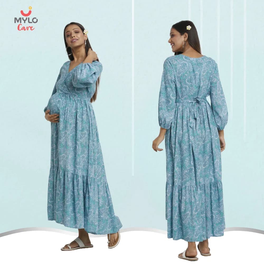 Maternity Dresses For Women with Both Side Zipper For Easy Feeding | Adjustable Belt for Growing Belly | Maxi Dress | Persian Paisley - Green | L