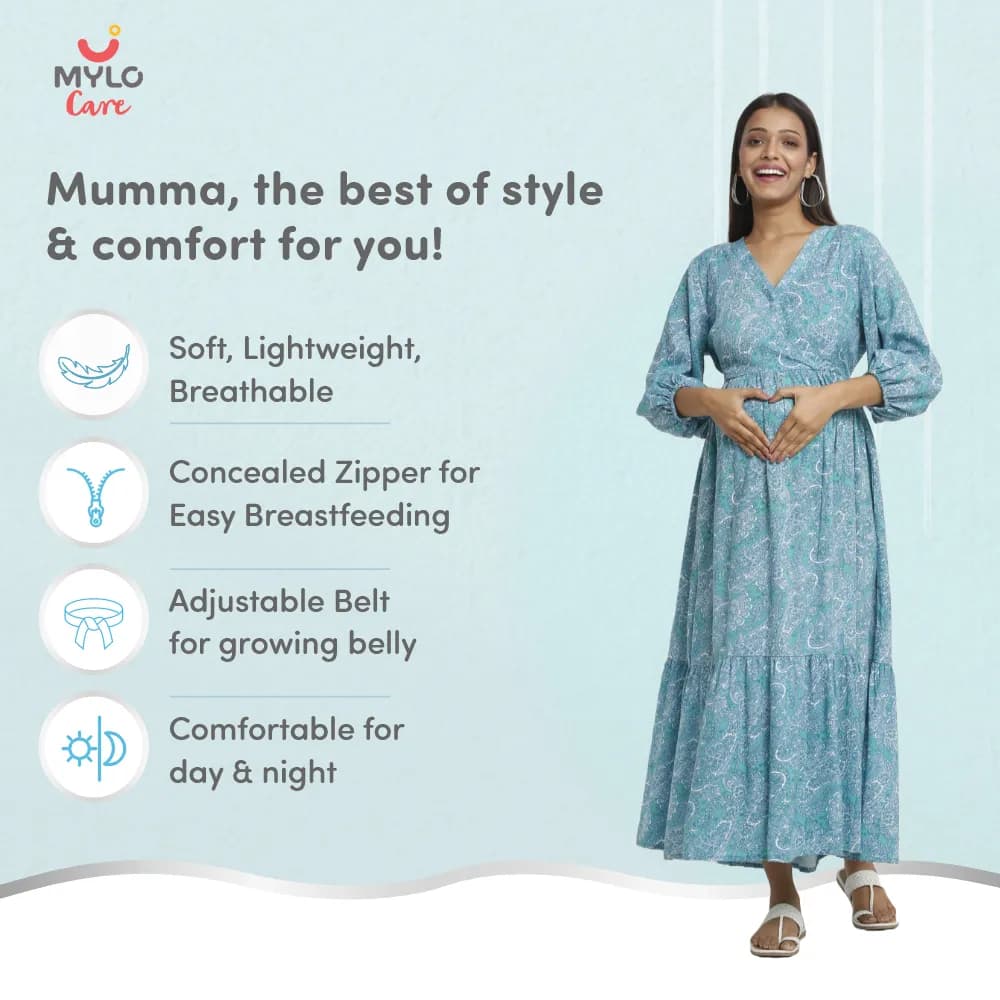 Maternity Dresses For Women with Both Side Zipper For Easy Feeding | Adjustable Belt for Growing Belly | Maxi Dress | Persian Paisley - Green | L