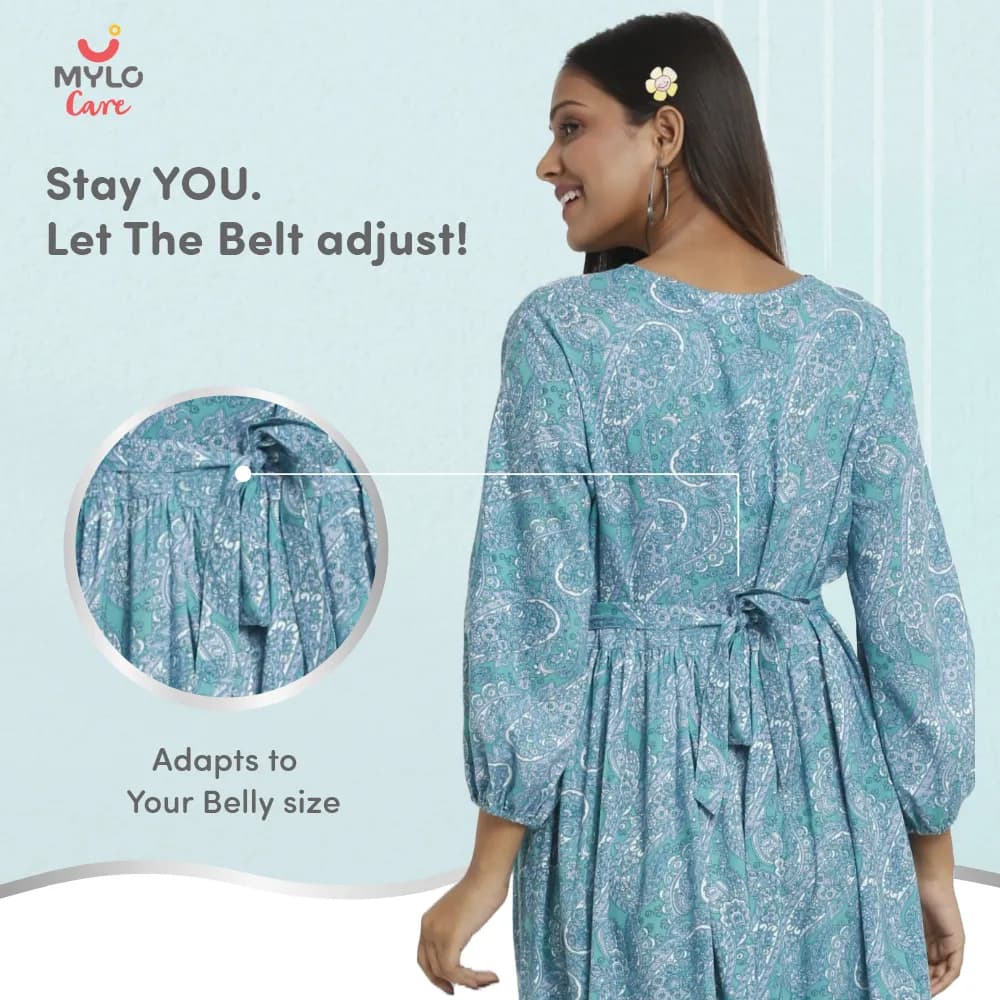 Maternity Dresses For Women with Both Side Zipper For Easy Feeding | Adjustable Belt for Growing Belly | Maxi Dress | Persian Paisley - Green | L