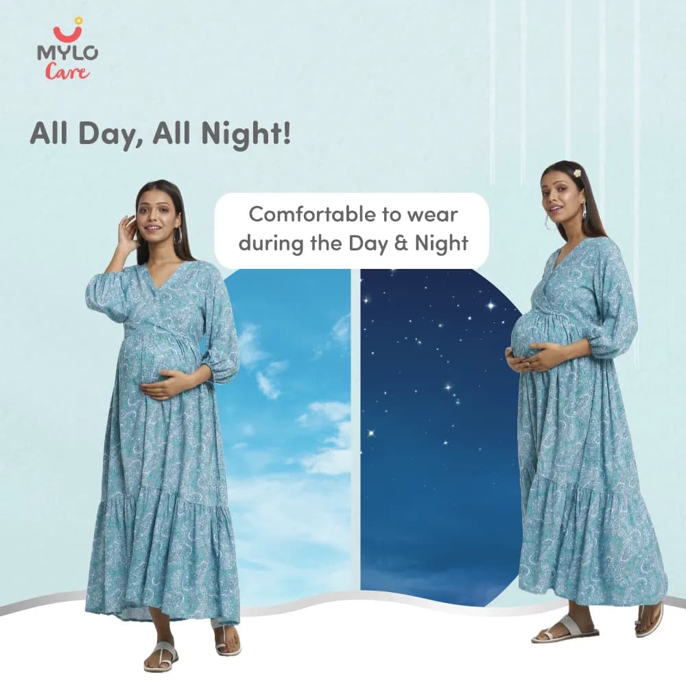 Maternity Dresses For Women with Both Side Zipper For Easy Feeding | Adjustable Belt for Growing Belly | Maxi Dress | Persian Paisley - Green | L
