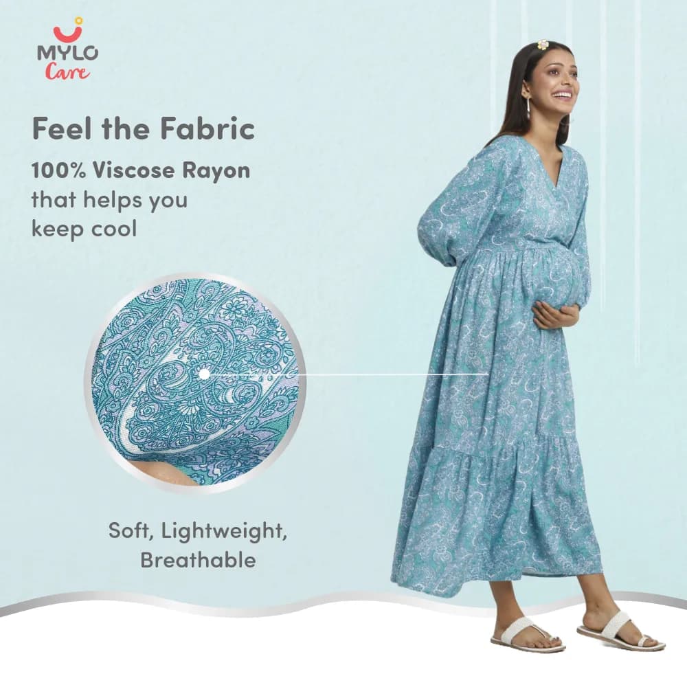 Maternity Dresses For Women with Both Side Zipper For Easy Feeding | Adjustable Belt for Growing Belly | Maxi Dress | Persian Paisley - Green | L