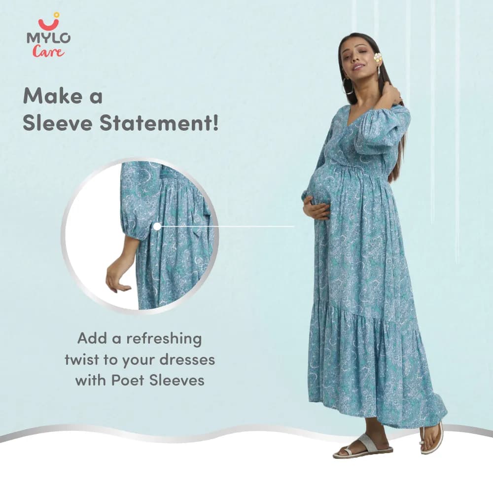 Maternity Dresses For Women with Both Side Zipper For Easy Feeding | Adjustable Belt for Growing Belly | Maxi Dress | Persian Paisley - Green | L