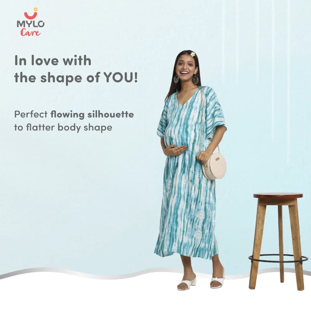 Maternity Dresses For Women with Both Side Zipper For Easy Feeding | Adjustable Belt for Growing Belly | Kaftan Dress | Shibori Print - Sea Green | L