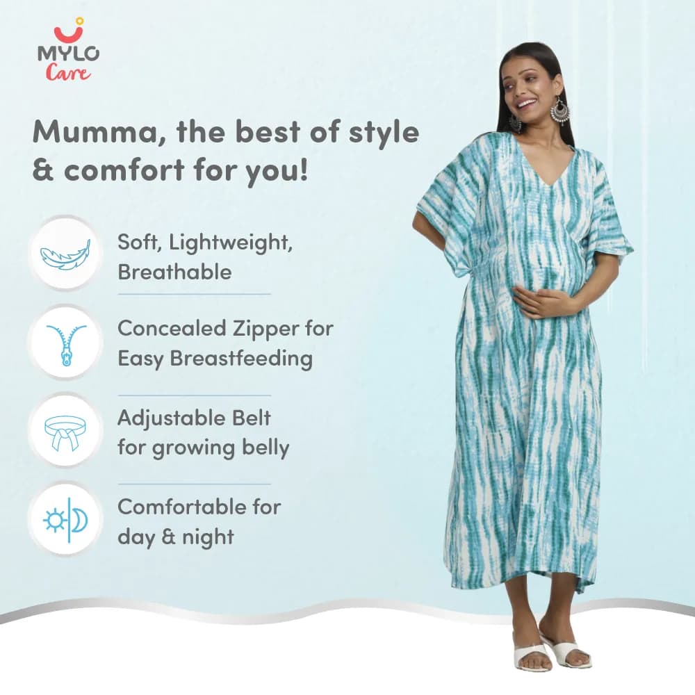 Maternity Dresses For Women with Both Side Zipper For Easy Feeding | Adjustable Belt for Growing Belly | Kaftan Dress | Shibori Print - Sea Green | L