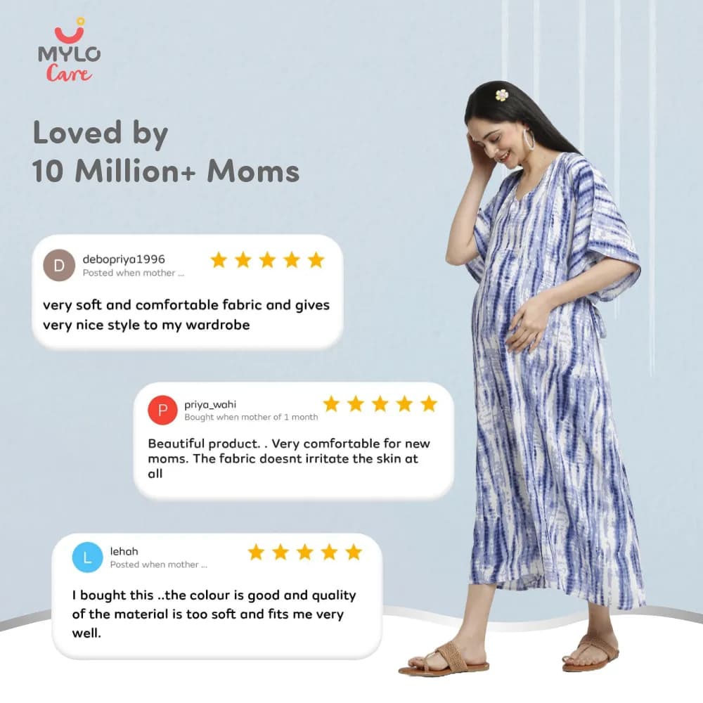 Maternity Dresses For Women with Both Side Zipper For Easy Feeding | Adjustable Belt for Growing Belly | Kaftan Dress | Shibori Print - Navy | L