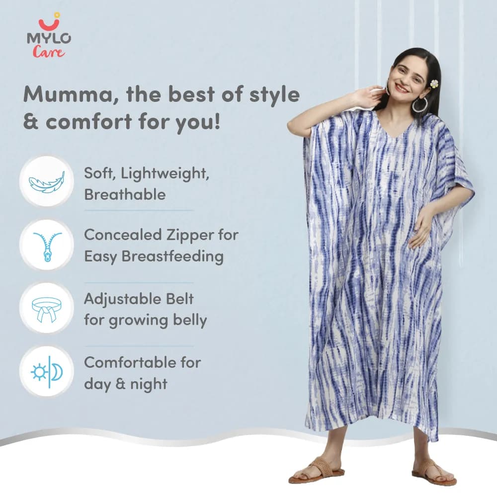 Maternity Dresses For Women with Both Side Zipper For Easy Feeding | Adjustable Belt for Growing Belly | Kaftan Dress | Shibori Print - Navy | L