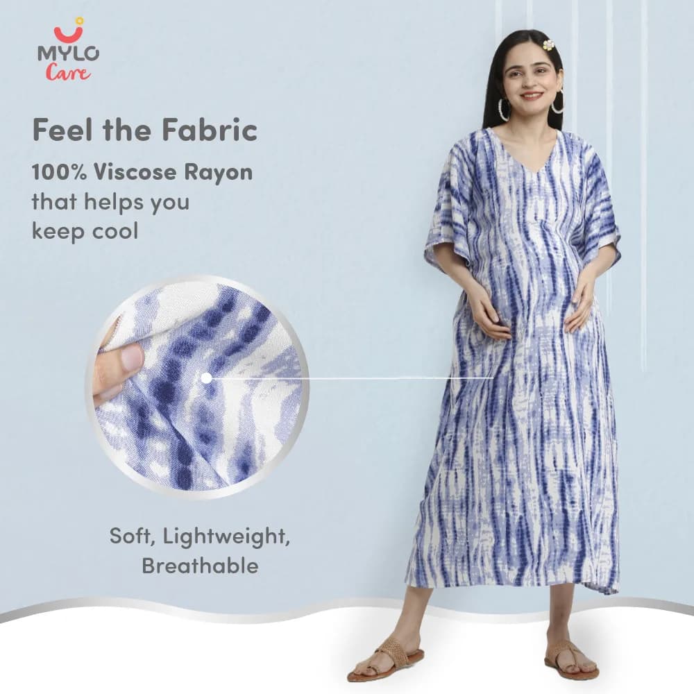 Maternity Dresses For Women with Both Side Zipper For Easy Feeding | Adjustable Belt for Growing Belly | Kaftan Dress | Shibori Print - Navy | L