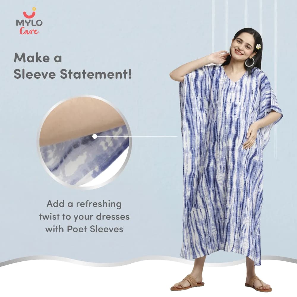 Maternity Dresses For Women with Both Side Zipper For Easy Feeding | Adjustable Belt for Growing Belly | Kaftan Dress | Shibori Print - Navy | L