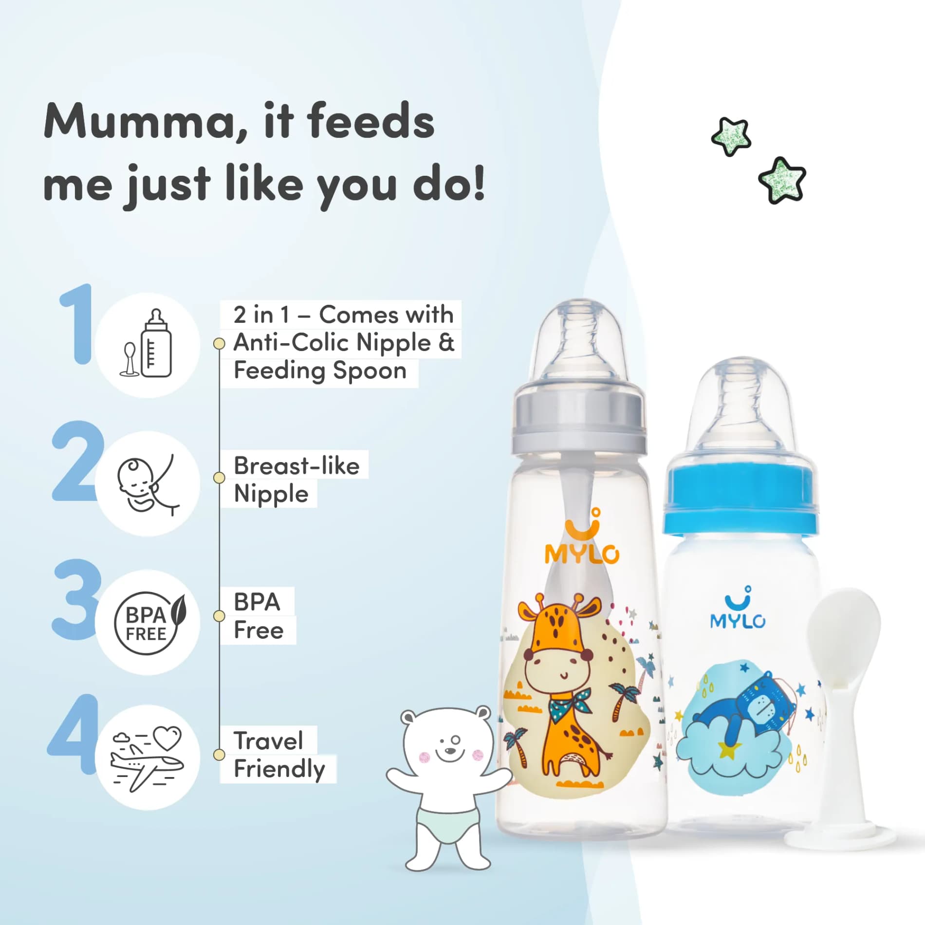 2-in-1 Baby Feeding Bottle | BPA Free with Anti-Colic Nipple & Spoon | Easy Flow Neck Design - Bear & Giraffe 125ml & 250ml