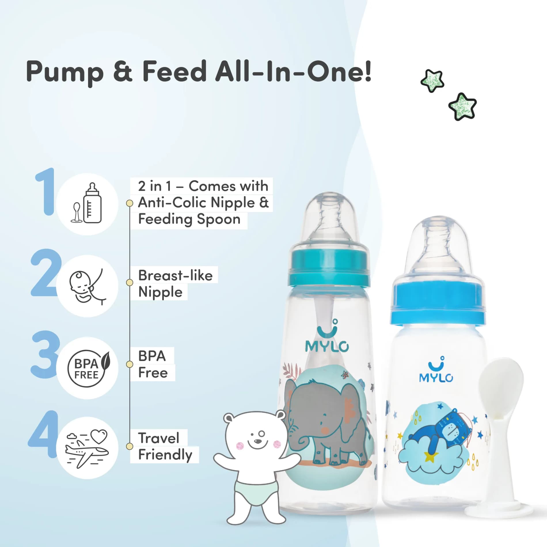 2-in-1 Baby Feeding Bottle | BPA Free with Anti-Colic Nipple & Spoon | Easy Flow Neck Design - Bear & Elephant 125ml & 250ml