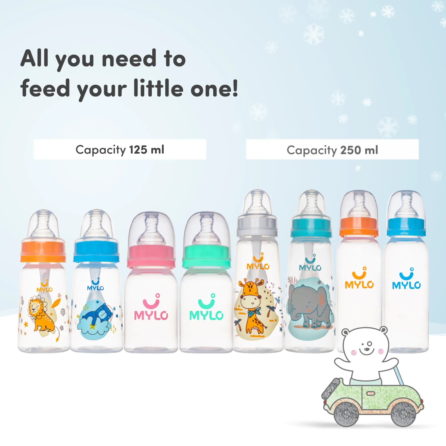 2-in-1 Baby Feeding Bottle | BPA Free with Anti-Colic Nipple & Spoon | Easy Flow Neck Design - Bear & Orange 125ml & 250ml