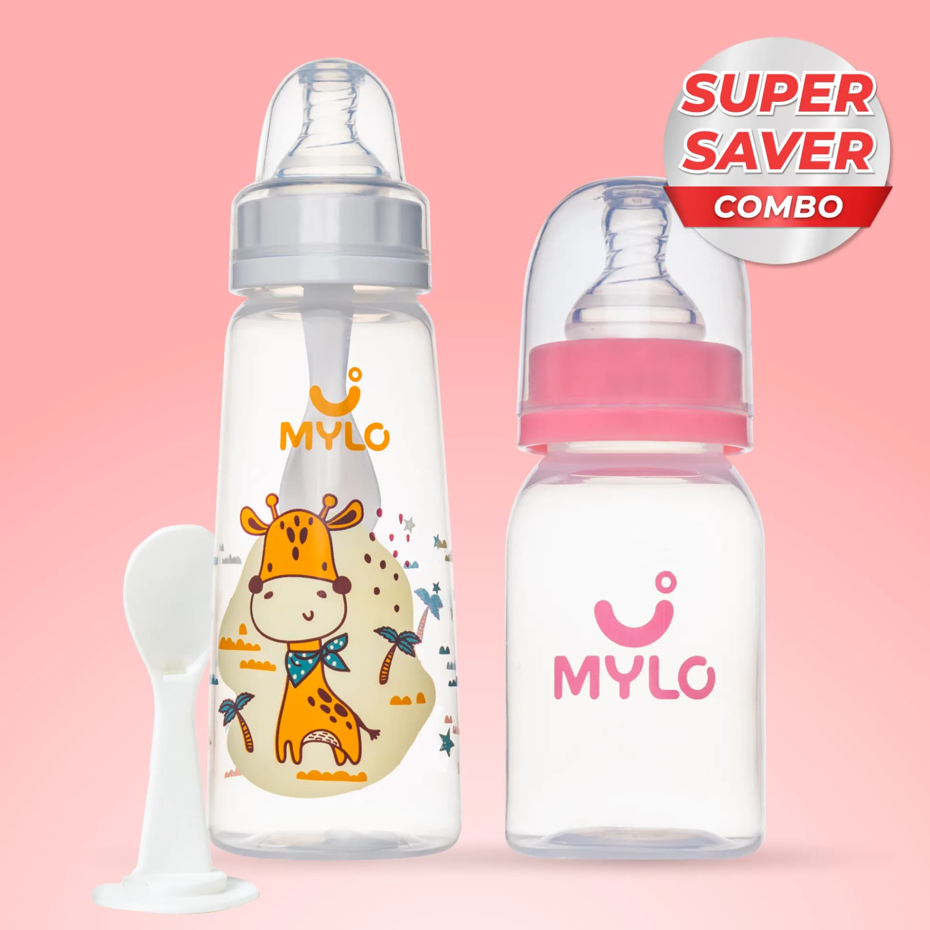 2-in-1 Baby Feeding Bottle - Pink & Giraffe 125ml & 250ml (Pack of 2)