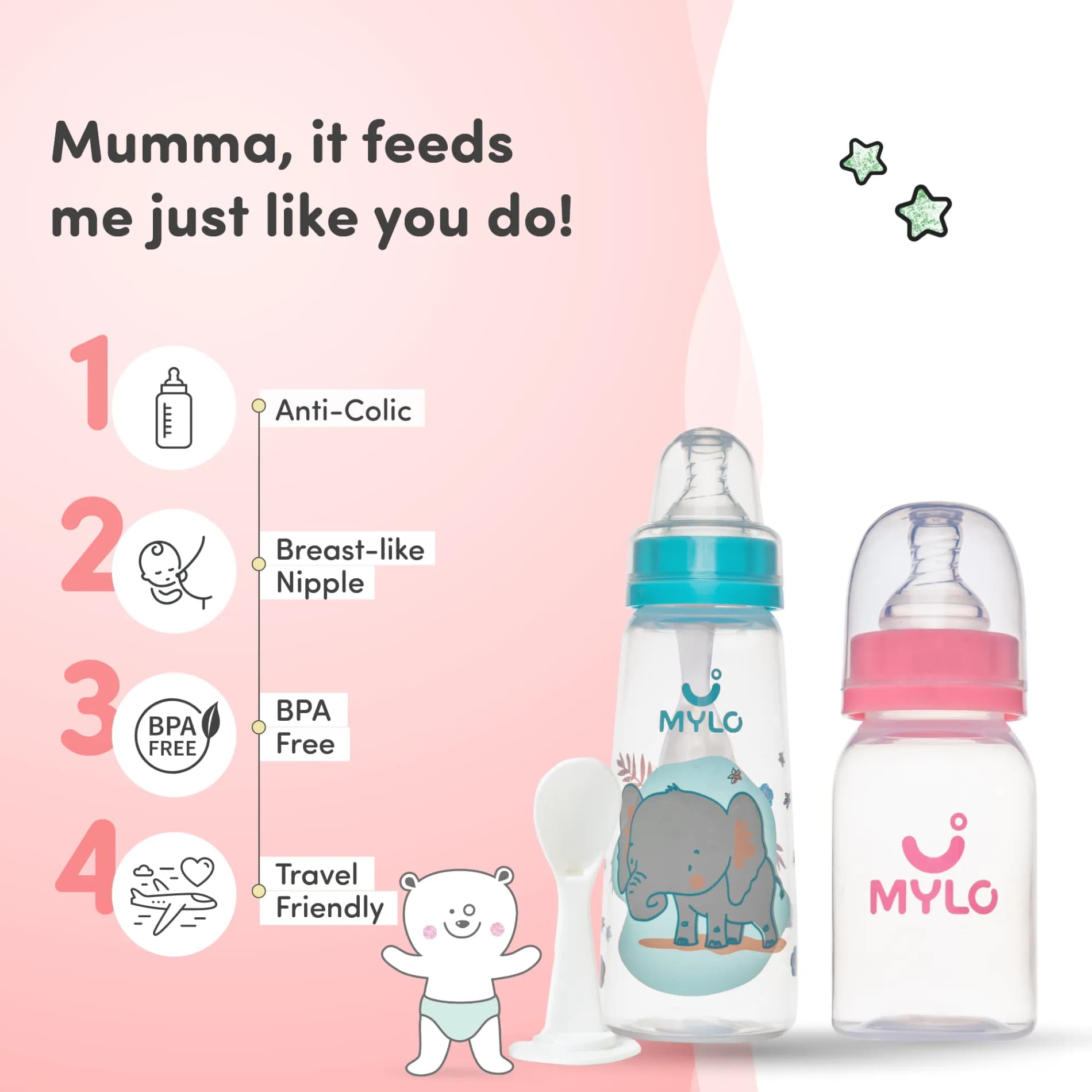2-in-1 Baby Feeding Bottle | BPA Free with Anti-Colic Nipple & Spoon | Easy Flow Neck Design - Pink & Elephant 125ml & 250ml