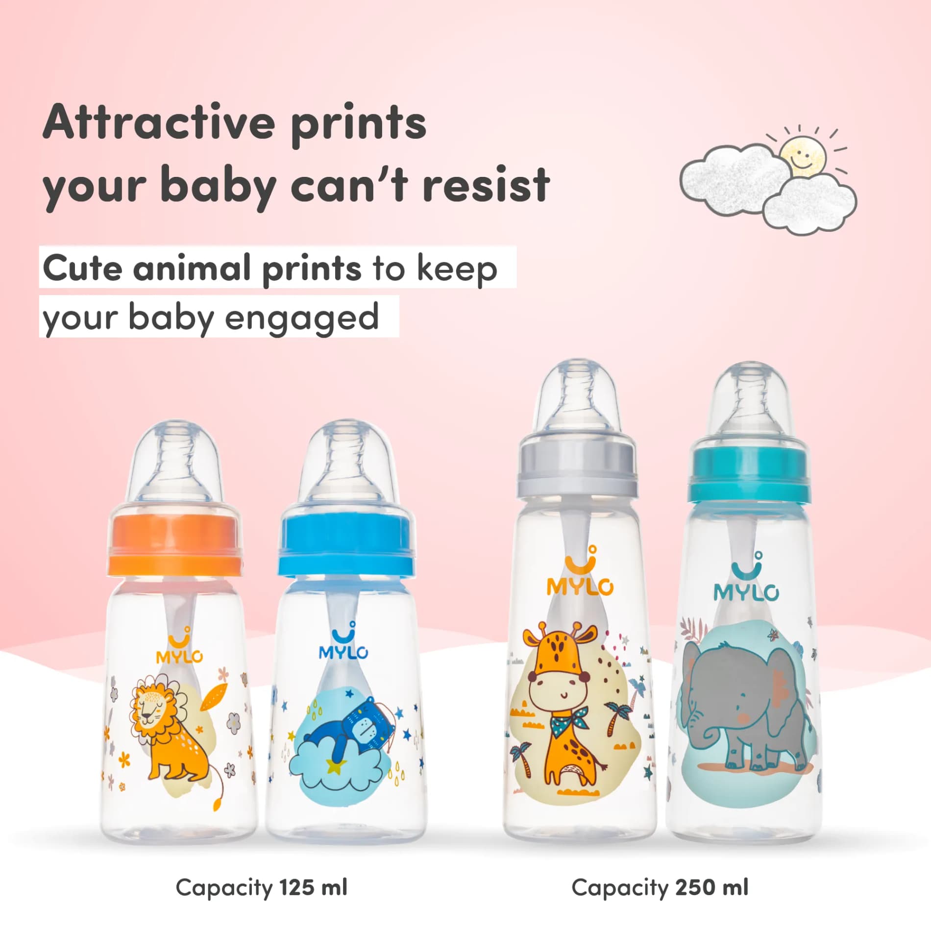 2-in-1 Baby Feeding Bottle | BPA Free with Anti-Colic Nipple & Spoon | Easy Flow Neck Design - Pink & Elephant 125ml & 250ml