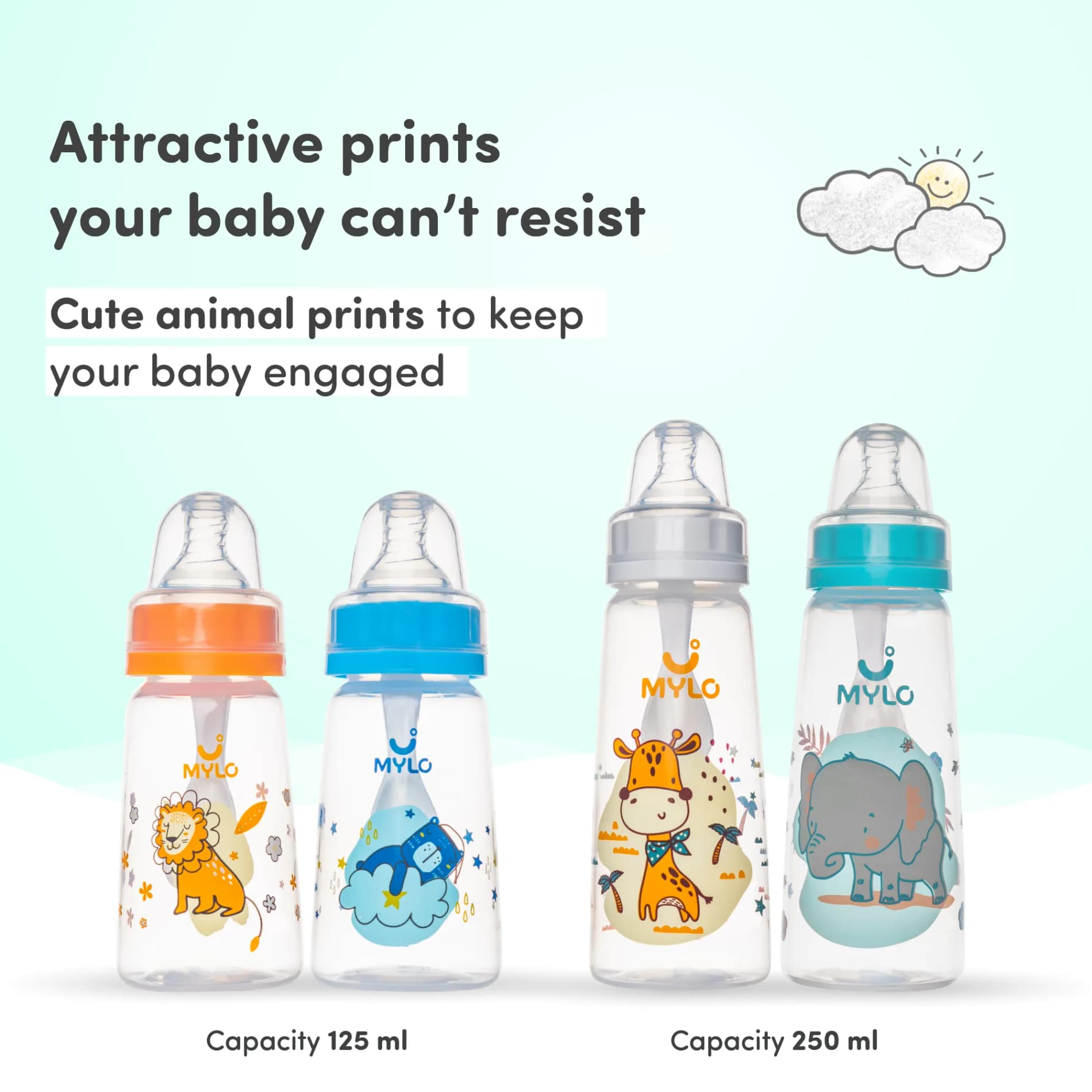 2-in-1 Baby Feeding Bottle | BPA Free with Anti-Colic Nipple & Spoon | Easy Flow Neck Design - Green & Giraffe 125ml & 250ml